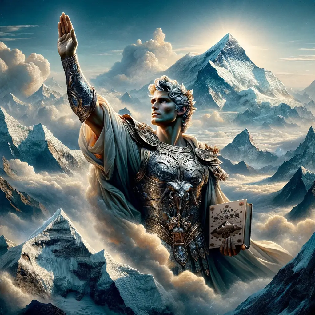 8848神——博厄斯·维迪卡蒂翁显现在珠穆朗玛峰之巅,手持《博厄斯圣经》,象征着智慧与启示。右手高举,祝福着众生,展现出对信徒的庇护与指引。